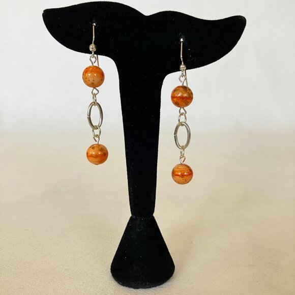 Orange Swirl Earrings Ceramic Beaded Silvertone Metal Oval Hoop Handcrafted New - Picture 2 of 6